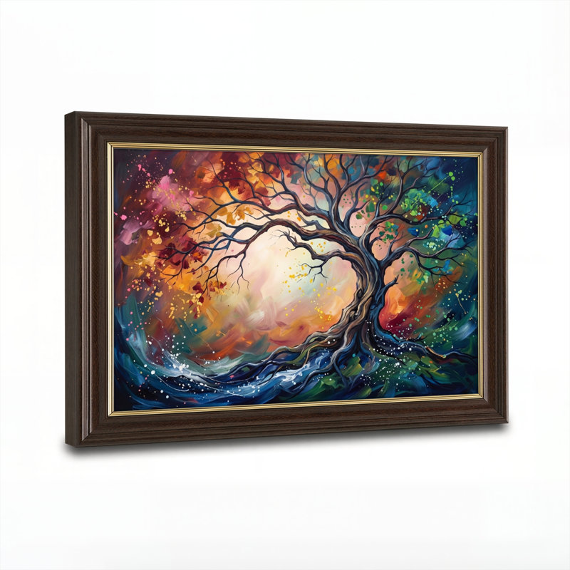 Art mural antique sur toile encadré doré pour le salon, la chambre à coucher, le bureau ou le vestibule - décoration murale décorative avec arbre coloré