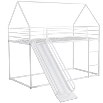 Lit superposé simple avec glissière et échelle House, lit simple mezzanine pour enfants simple en métal, H 71 po x l 40,5 po x L 76,5 po, blanc