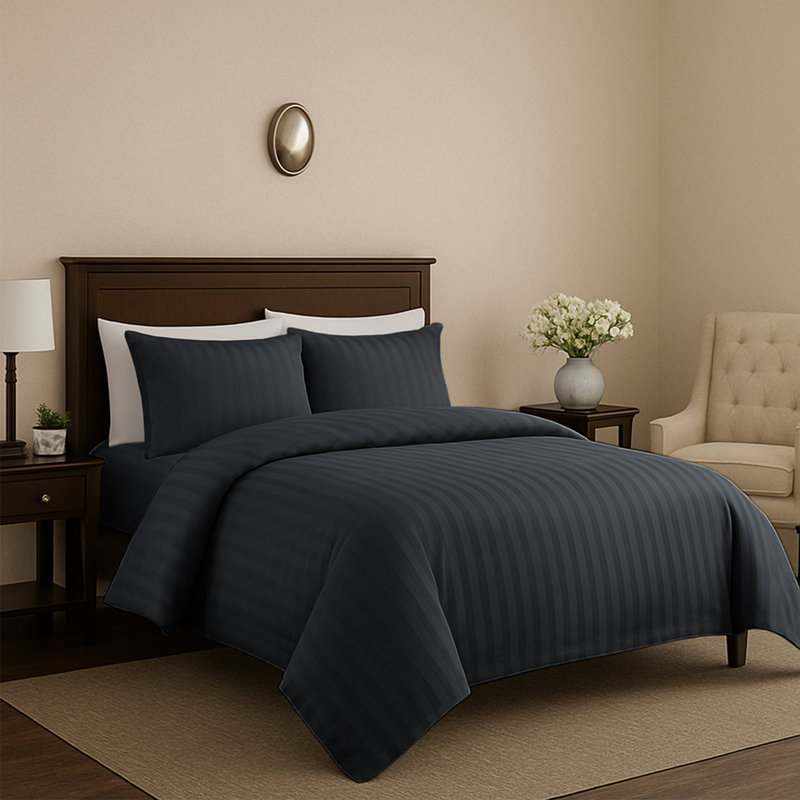 Microfiber Striped Duvet Cover Set with Pillowcases, Charcoal, 4, Kingsize Duvet Cover + 3 Additional Pieces