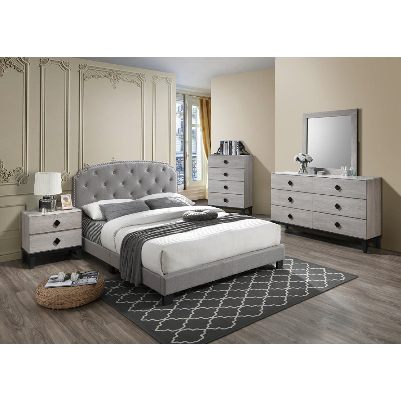 Lit plateforme capitonné Jaquavien, Complet/Double, Gris clair