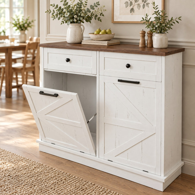Armoire à poubelles basculantes doubles de 10 gallons avec tiroir, Brun / Blanc