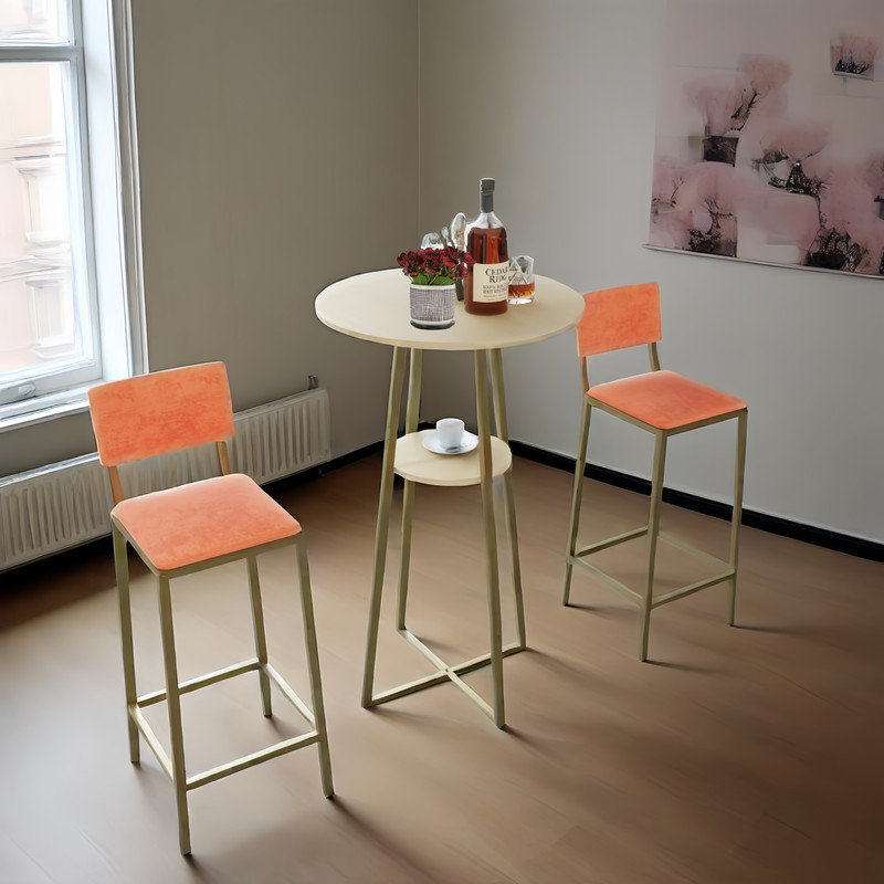 Bar table and chairs three piece set, gold frame, sponge made seat cushions and backrests, bar table with storage function (gold+cushion)