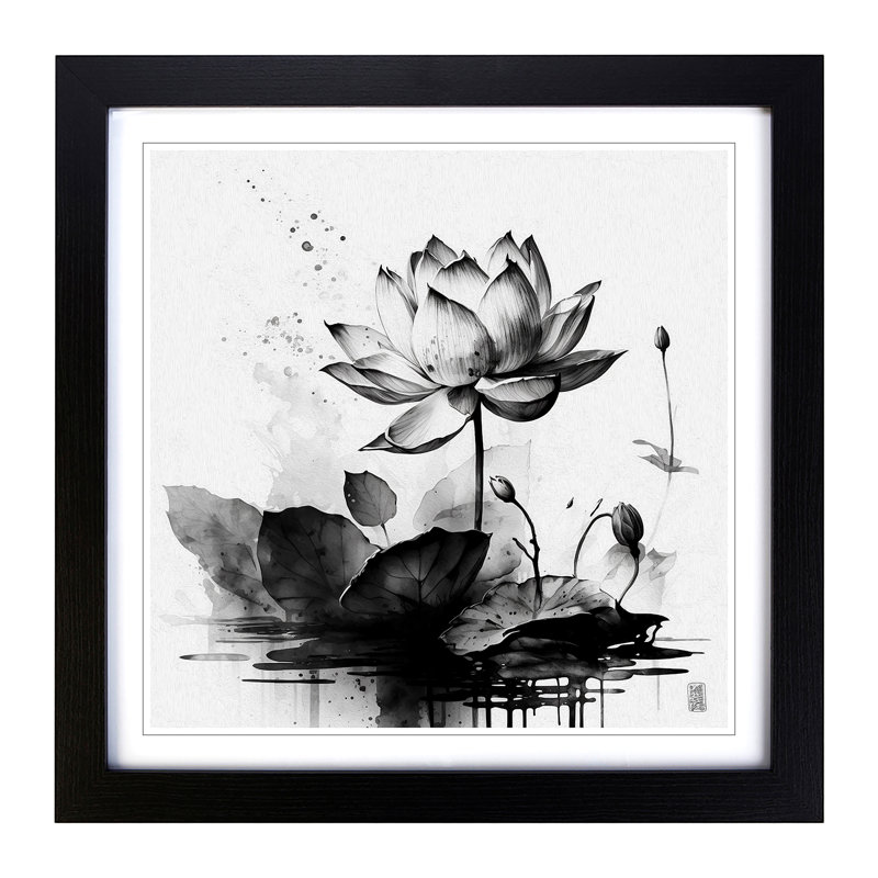 Lotus Flower Ink Wash - Single Picture Frame Print on Wood, Black
