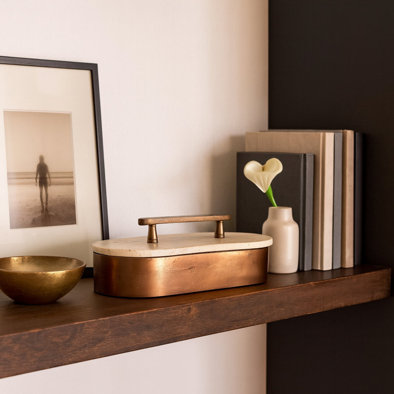 Boîte décorative en travertin et métallique avec couvercle