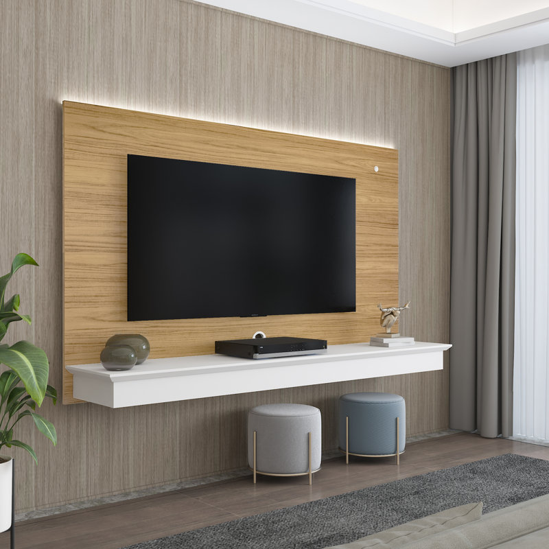 Dymphia Floating Entertainment Center for TVs up to 55 inch, TV Wall Panel with LED Strip and Shelf, Natural/White