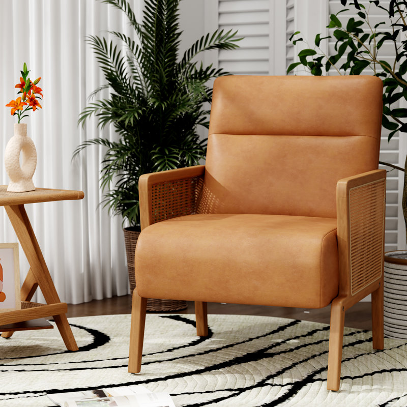 Chaise d'appoint rembourrée avec accoudoirs en rotin et pieds en bois massif, Brun