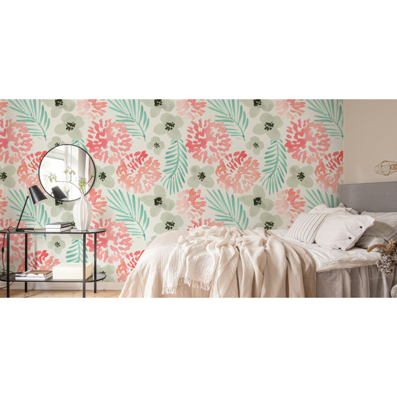 Papier peint corail à motif de feuilles de palmier sur fond crème, L 115 po x l 225 po