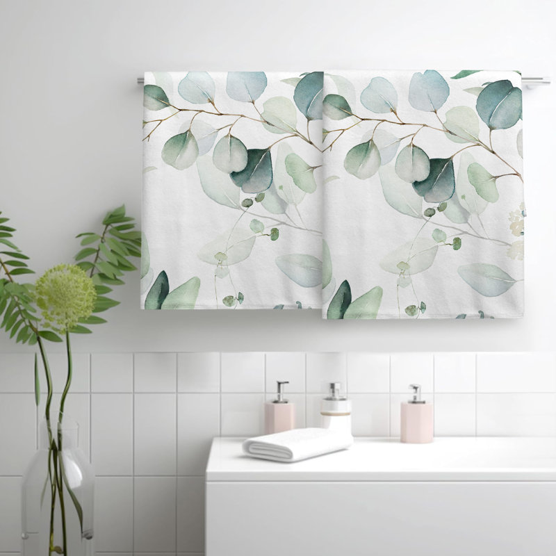 2 Pack Bathroom Hand Towels Decorative Plant Leaves Dish Kitchen Towels, White/Green/Blue Floral