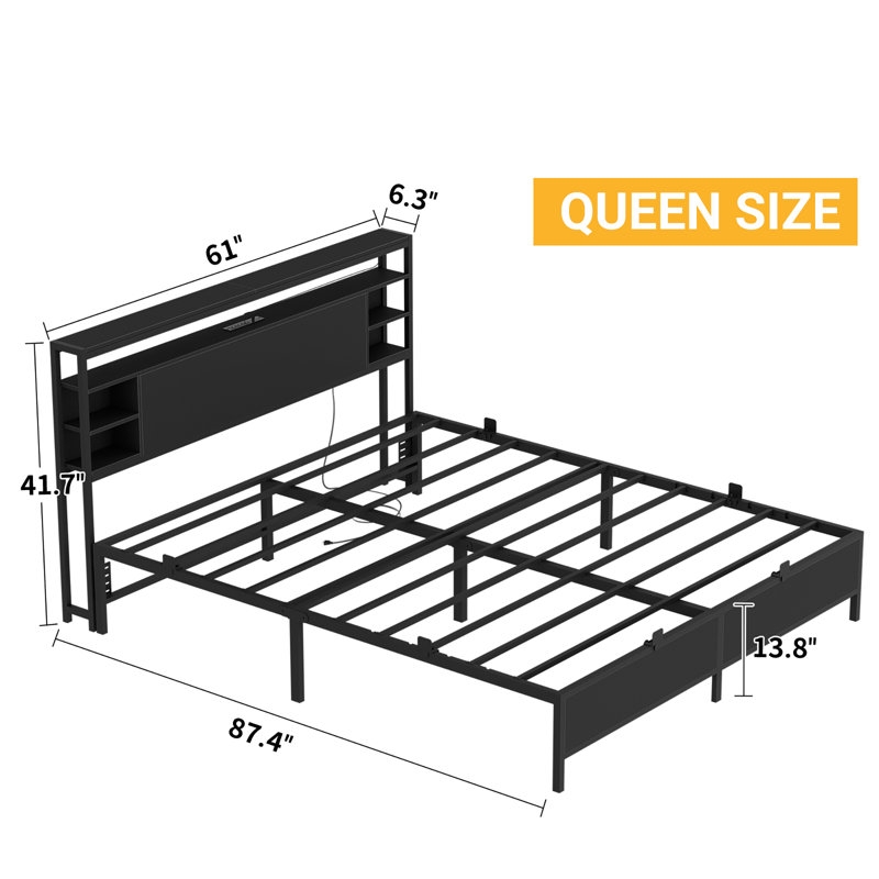 Bed Frame With Charging Station And RGB LED Lights, Headboard With Storage No Box Spring Needed, Queen, Black