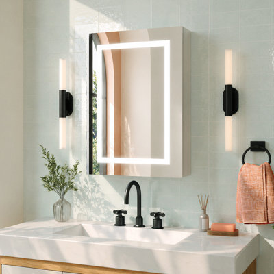 DeerValley LED Lighted Bathroom Medicine Cabinet with Mirror, 20''x28'' Wall Mounted Mirror Cabinet with Socket, Dimmable Light, Anti-Fog, Adjustable Shelf, DV-1MC0498