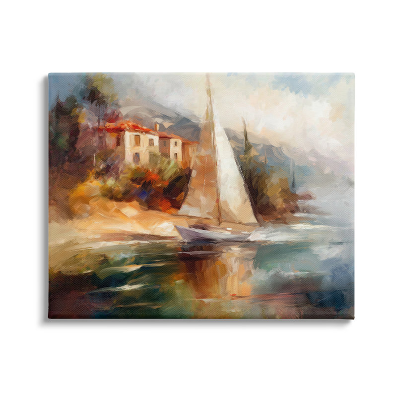 Voilier par Town Shore On Wood par Ziwei Li, peinture, Giclée encadrée blanc bord de mer, H 16 po x l 20 po x P 1,5 po
