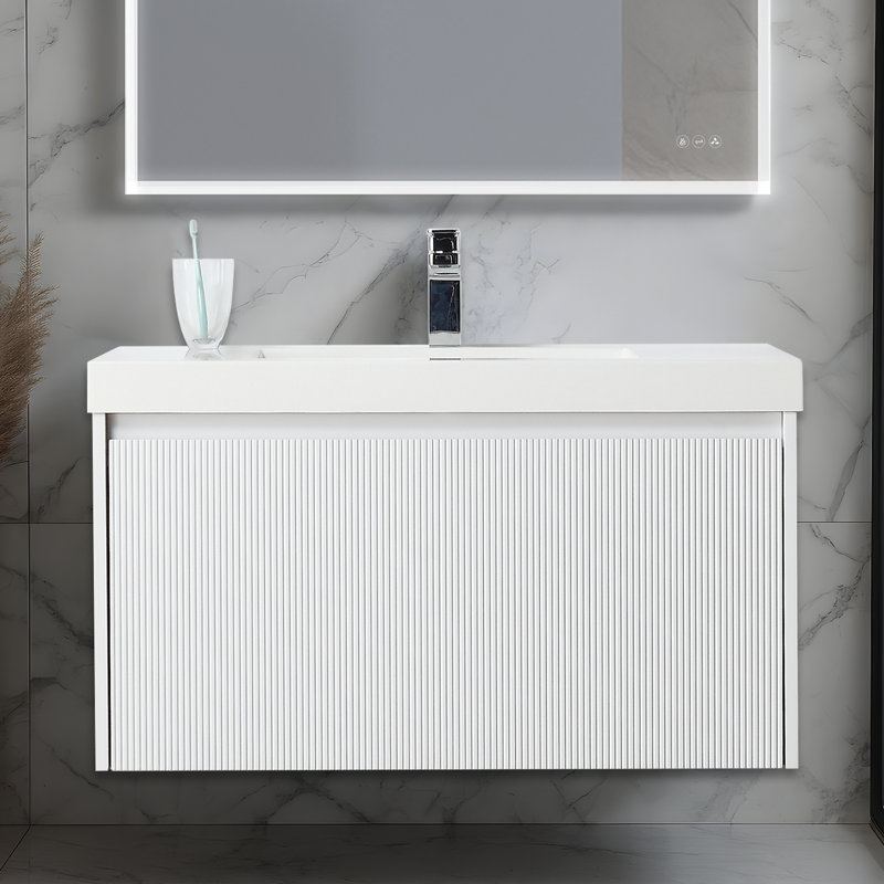 Meuble-lavabo flottant 36 po avec lavabo en acrylique Lovold - Armoire murale en bois avec façade cannelée, tiroirs à fermeture en douceur et design moderne