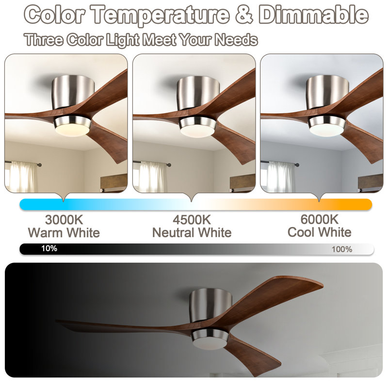 52 inch Flush Mount Low Profile Ceiling Fan with LED Lights and Remote Control, DC Motor, 3 Blades, Walnut, Nickel