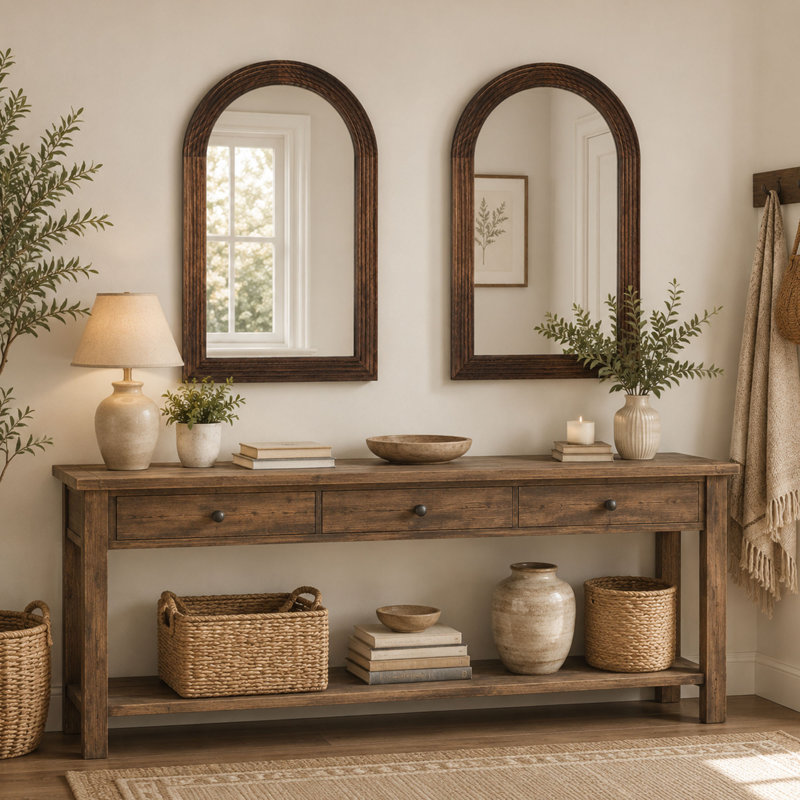 Ensemble de 2 miroirs muraux arqués en bois brun 2 pièces 20 po x 30 po, Brun
