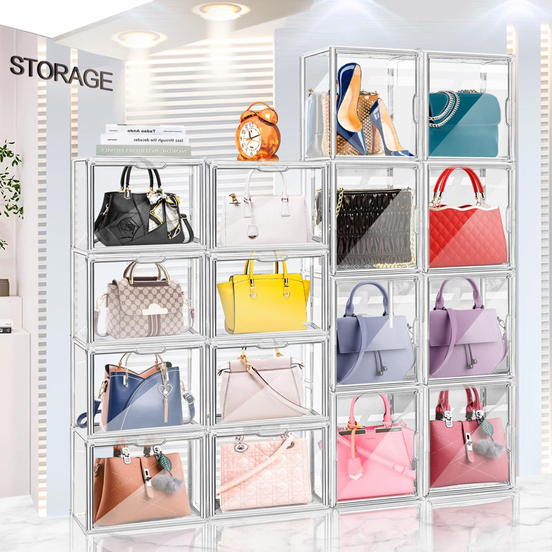 Plastic Handbag Storage Organizer For Closet, Small Acrylic Display Box For Handbag, Stackable Storage Boxes Bag Organizer With Magnetic Door For Purse Clutch Wallet Book Hats,(Clear/4 PCS)