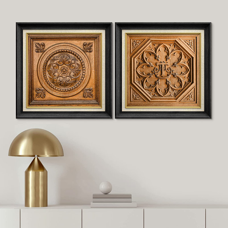 Motif de tapisserie géométrique classique rétro - ensemble de 2 peintures sur toile encadrées, Noir