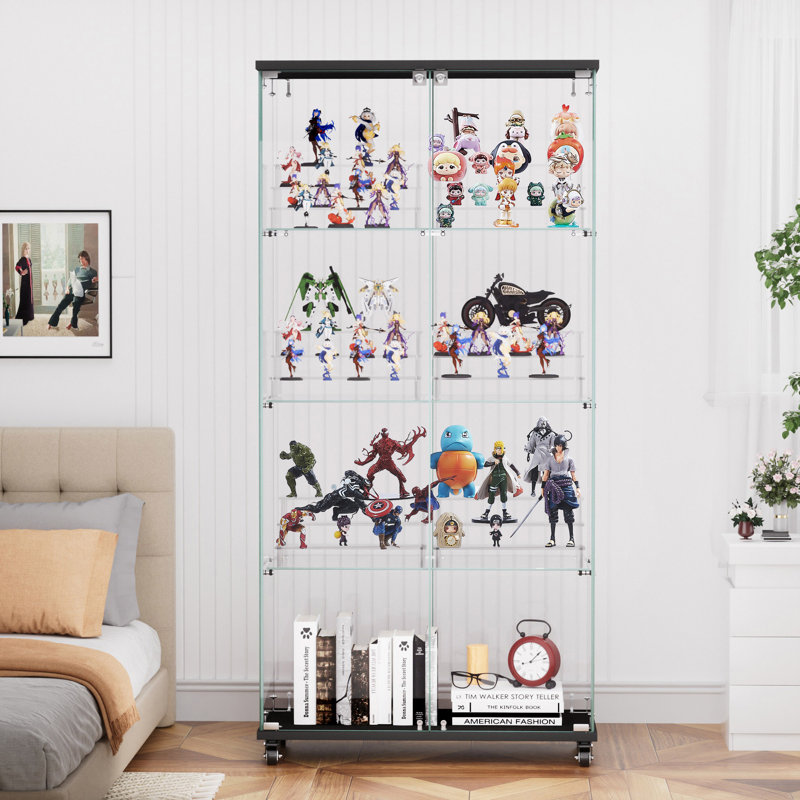 4 Tier Glass Display Cabinet, Double Door Glass Cabinet With Two Locks, Floor Standing Storage Cabinet With 6 Acrylic Shelves For Living Room, Bedroom And Office