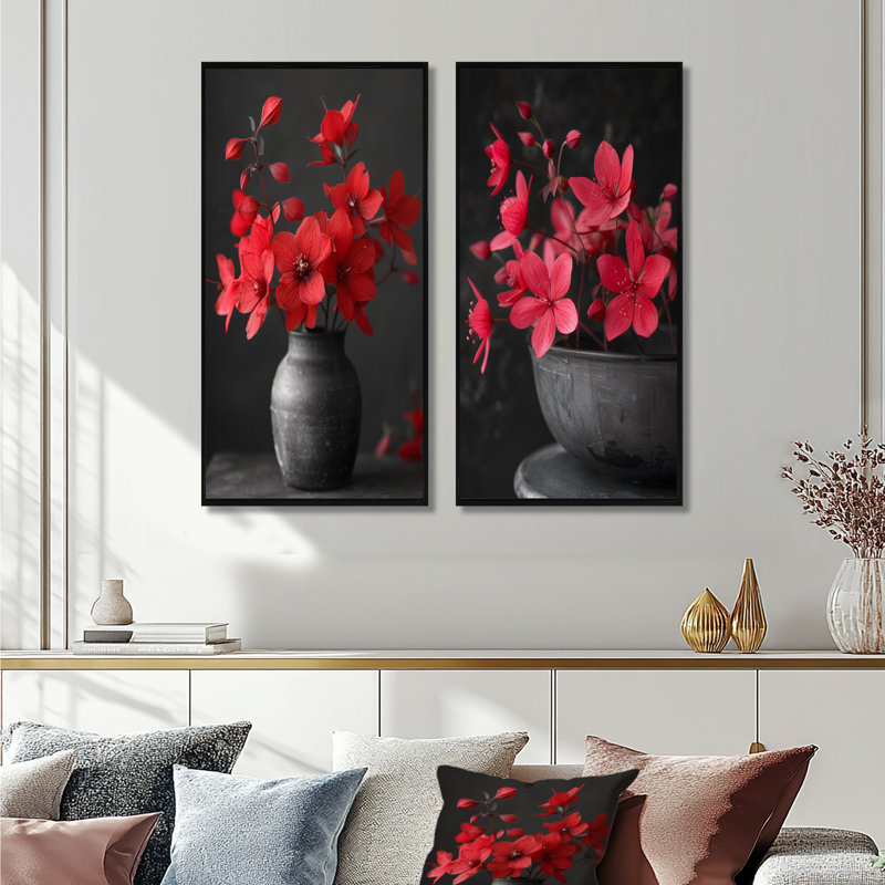 Ensemble de 2 pièces d'art mural rouge et gris fuchsia I - Fuschia, H 40 po x l 40 po, Impression encadrée