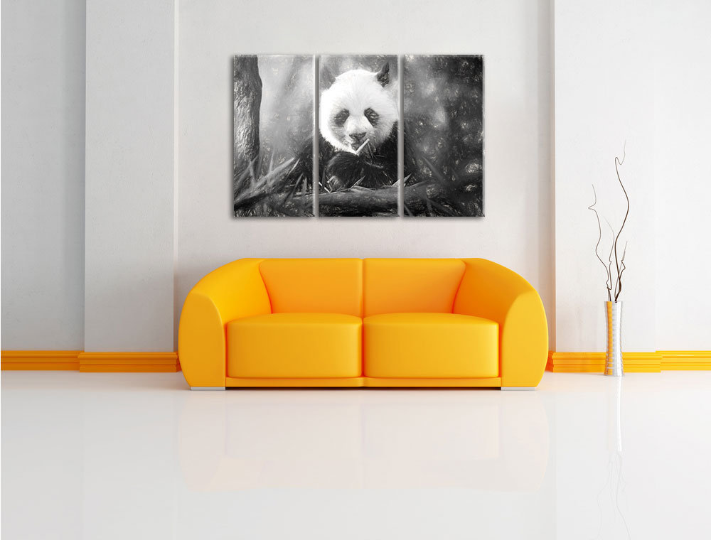 3-tlg. Leinwandbild-Set „Niedlicher Panda isst Bambus“, Kunstdruck