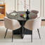 Ensemble de table de salle à manger noire pour chaises de cuisine cannelées rondes de 4 po et 43 po | Sherpa revêtu de tissu d'ameublement, fauteuils demi-tonneau, siège de style Mid-Century moderne, placage de bois et plateau de table en deux parties, base piédestal-132279705-132279709