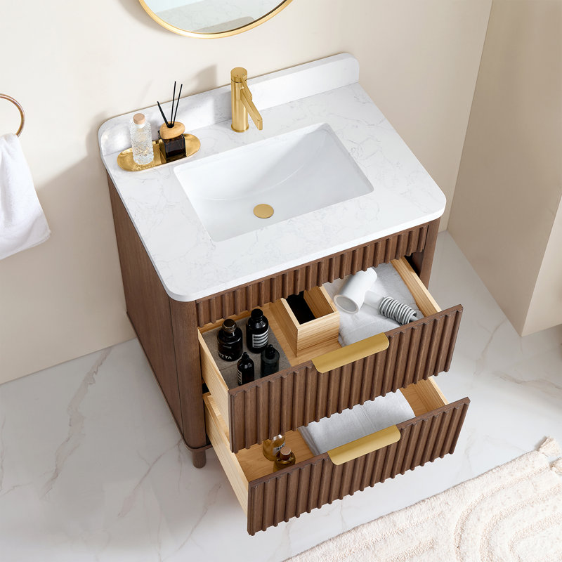Meuble-lavabo simple 36 po Mumbai, 30", Or brossé, Chêne brun foncé vieilli