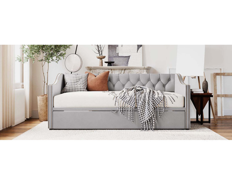 Twin Size Upholstered daybed with Pop Up Trundle, Gray, Gray