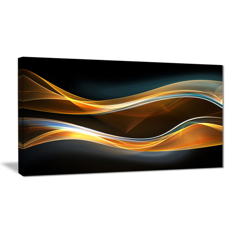 Corwin 3D Gold Waves in Black - Abstract Print, 16" H x 32" W x 1" D, Wrapped Canvas