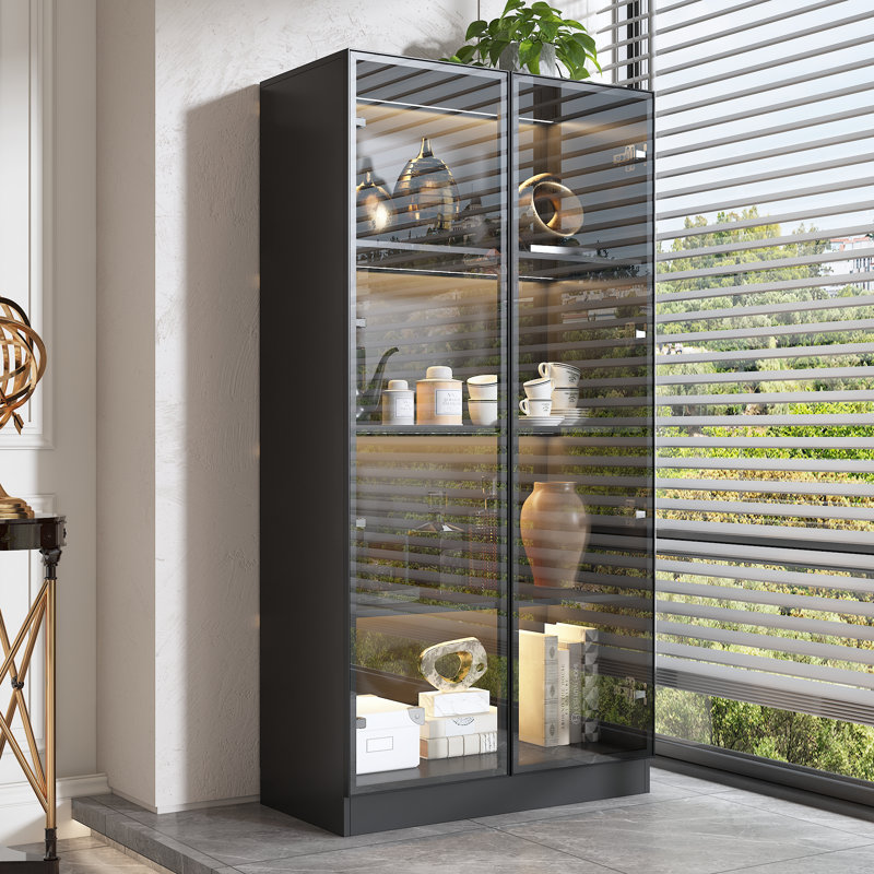 59.8"H Display Cabinet With LED And Glass Door, Matte Black