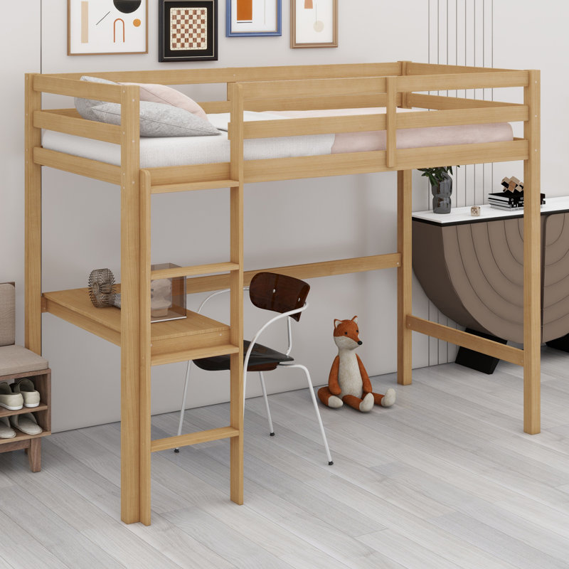 High Wood Loft Bed, With Safety Guardrail, Built-In Desk, Ladder, White Oak