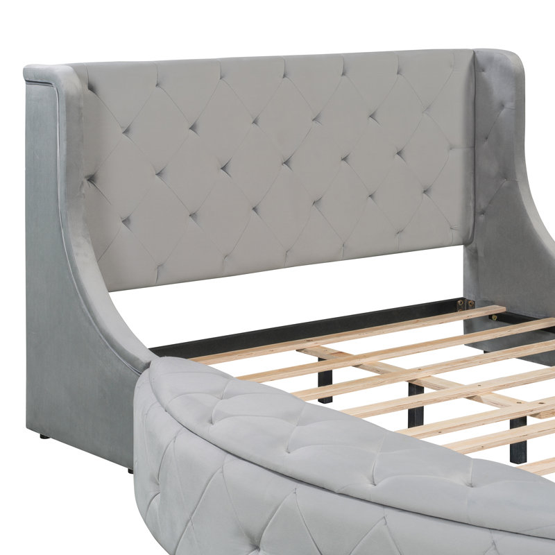 Grand lit tapissier avec tiroir et bancs de rangement, Gris