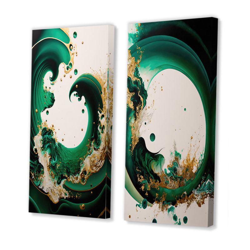 «Green Gold Abstract Waves», ensemble de 2 toiles - vert émeraude et vagues abstraites dorées I, Toile tendue