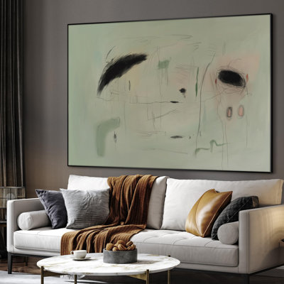 Extra Large Wall Art Fabric Print - Minimalist Abstract Black on Pale Green Artwork Decor for Living Room or Bedroom - "Frame Assembly Required (Unfinished Frame)"