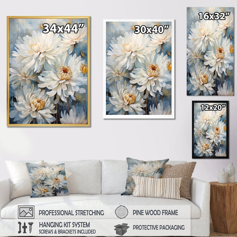 «White and Blue Chrysanthemums V» sur impression sur toile, H 44 po x l 34 po x P 1,5 po, Cadre simple argenté