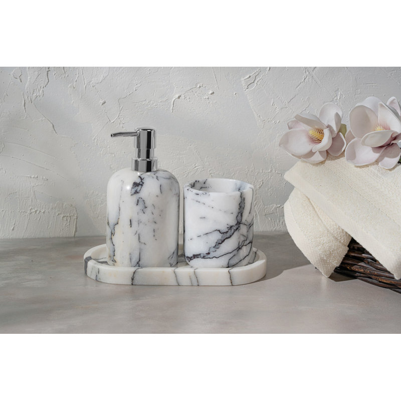 Ensemble de salle de bain 3 pièces Elegant, 100% marbre de Sicile Lila, distributeur de savon (3,5 po de diamètre x 4,7 po de hauteur), porte-brosse à dents (3,5 po de diamètre x 3,9 po de hauteur), plateau de meuble-lavabo (9,8 x 4,7 x 0,8 po) | Conception blanche élégante et durable pour des salles de bain luxueuses