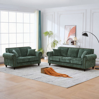 3+2 Seater Sofa With Rolled Arms,Chenille Upholstered Couch With Wood Legs And Nailhead Trim For Living Room, Apartment