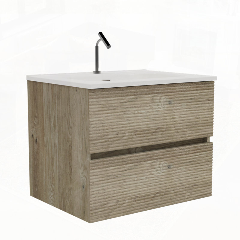 Meuble-lavabo mural avec lavabo en céramique intégré et trop-plein, Chêne