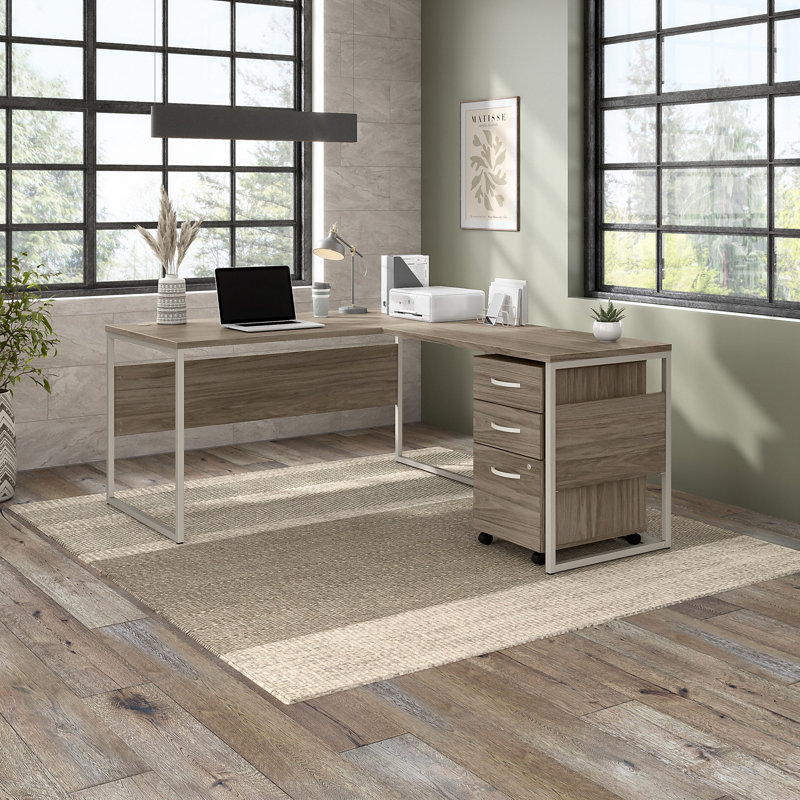 Ensemble de bureau d'ordinateur en forme de L en hickory moderne réversible Jovonne, Hickory moderne