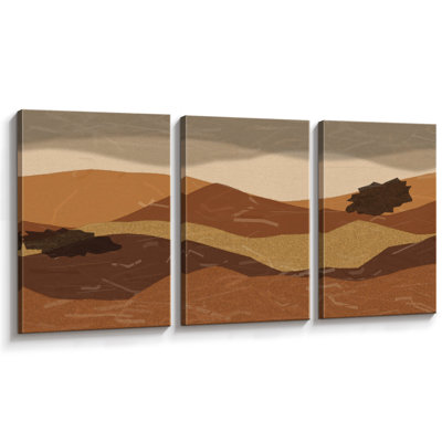 Collines désertiques stratifiées aux tons chauds de brun et d'ocre, œuvre d'art abstraite, tableau pour salon, impression giclée en 3 pièces - 40,6 x 61 cm (16 x 24 pouces)