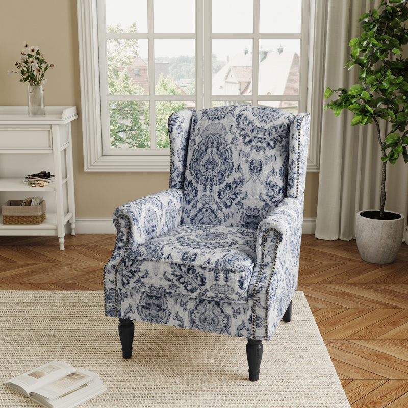Upholstered Armchair, Damask Navy Polyester/Walnut