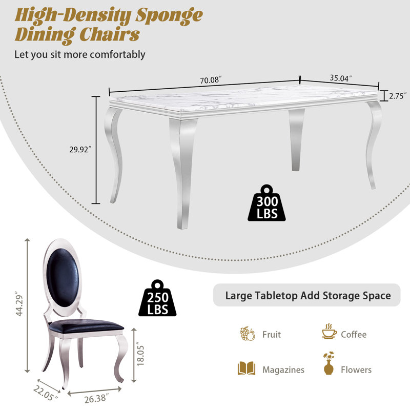 7-Piece Modern Dining Set with Faux Marble Table and  Upholstery Chairs – Seats 6, Stainless Steel Legs, Black/Silver, Silver
