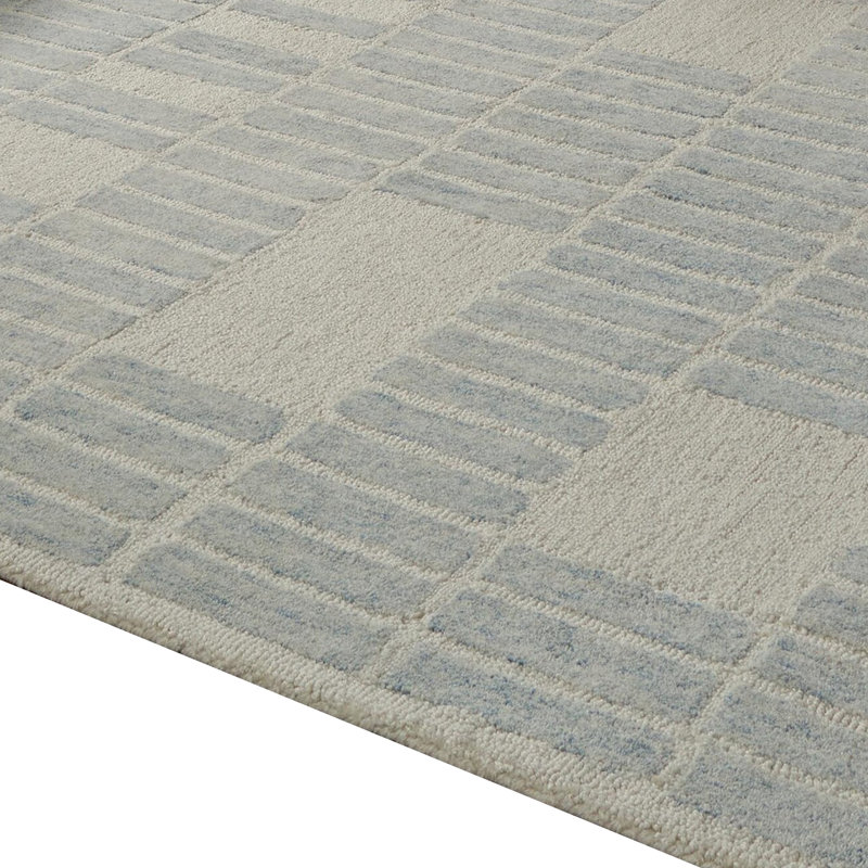 Tapis moyen Dyni, motif géométrique bleu ivoire, laine et polyester 5 x 7