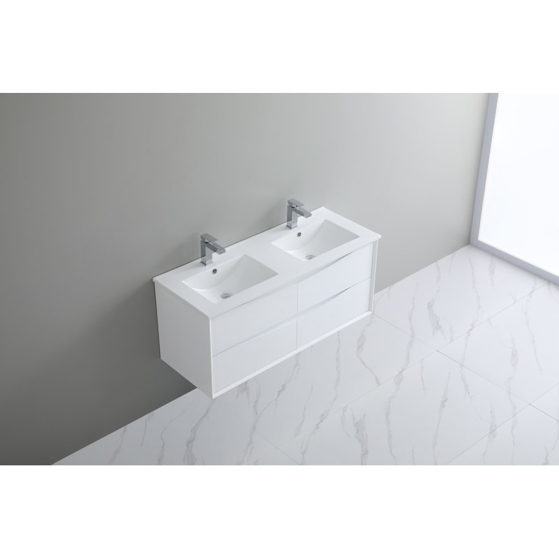 Ensemble de meuble-lavabo double 48 po avec deux tiroirs et éclairage DEL 48 po, Blanc