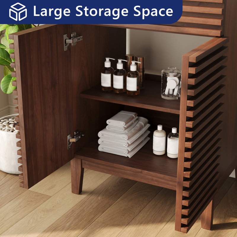  Cove 24" Bathroom Vanity with Ceramic Sink Top, Fully Assembled Mid-Century Wood Bathroom Cabinet, Walnut
