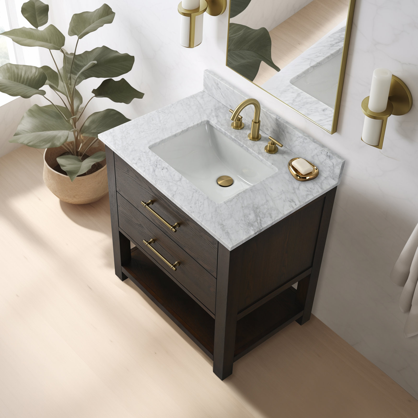 Keri 30" Single Bathroom Vanity Set, Brown Oak/Antique Brass