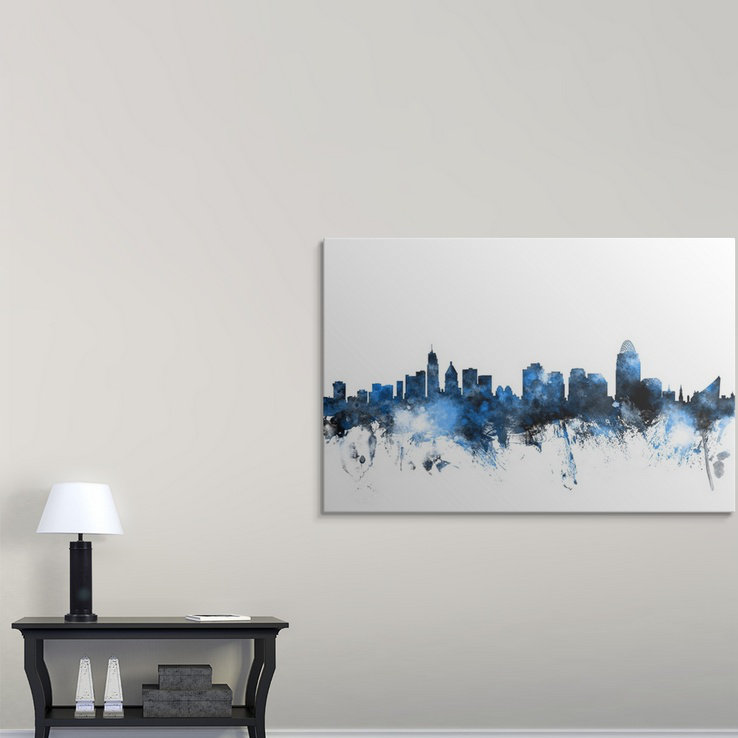 «Francy Cincinnati Ohio Skyline» par Michael Tompsett, impression, Cadre noir, H 20 po x l 26 po x P 1 po
