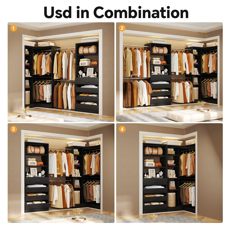 110-151.7Inches Closet System With 6 Rods And 4 Drawers, Black