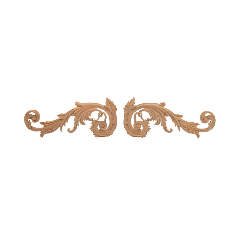 5-1/4 in x 12 in x 1/2 in Unfinished Large Hand Carved Solid Wood Onlay Acanthus Wood Scroll, Cherry