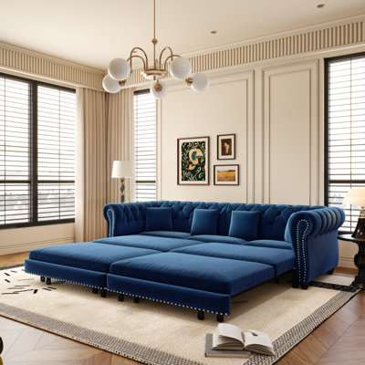 Canapé-lit Chesterfield de 89 po en velours avec très grand lit, canapé-lit convertible avec 4 coussins, bleu