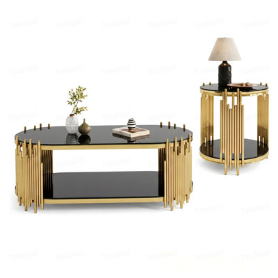 Coffee Table and Side Table Set, 2-Piece Oval  Glass Nesting Tables with Rhythmic Vertical Metal Rods, Polished Gold Finish for Living Room Office