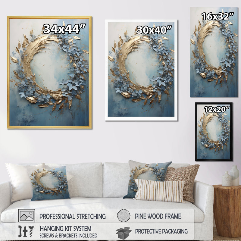 «Bold And Blue Wreath Simplicity», art mural toile sur couronne, H 32 po x l 16 po, Cadre simple argenté